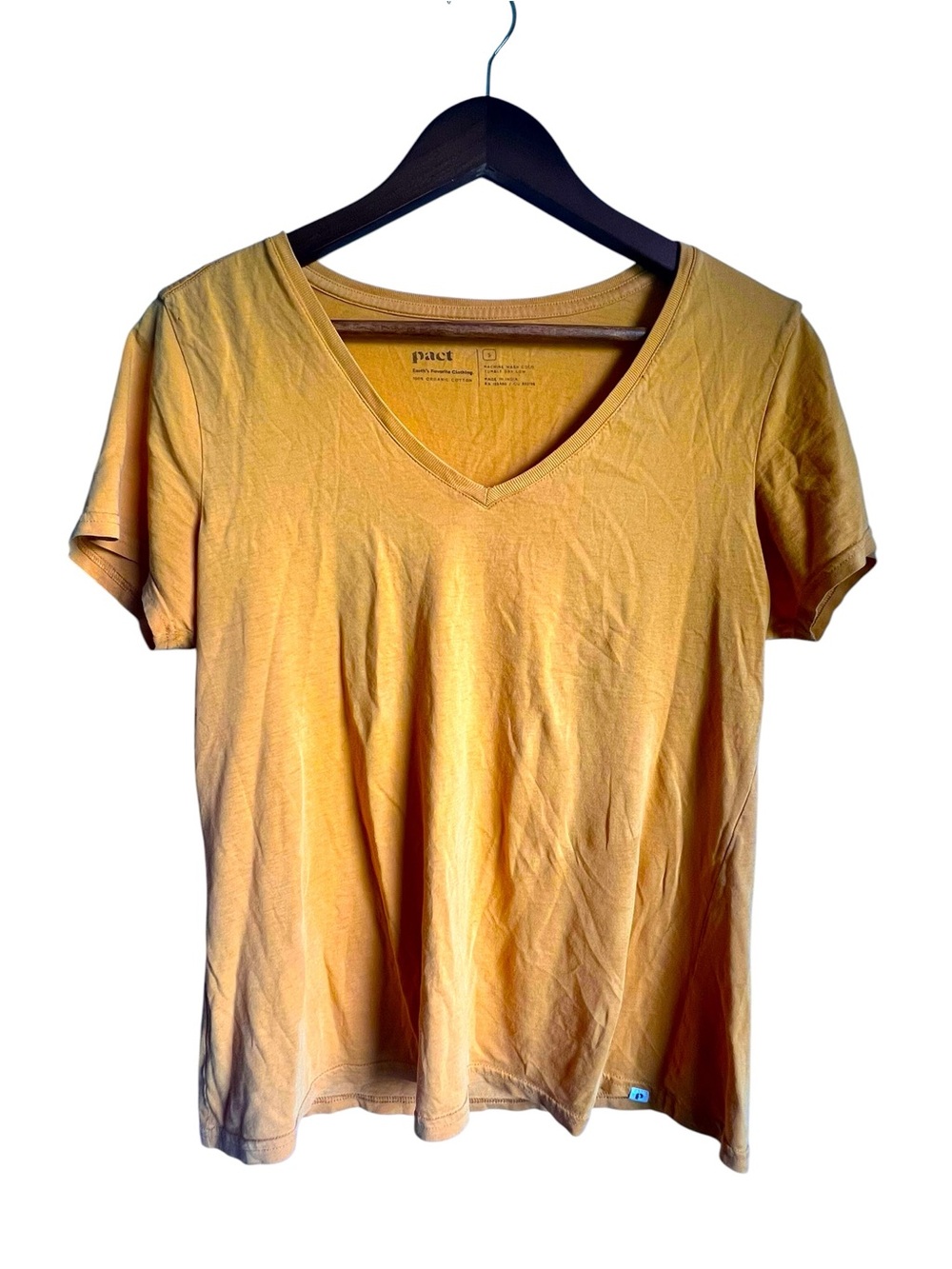 Pact Womens S Organic Cotton‎ V Neck T Shirt Mustard Yellow Short Sleeve Capsule